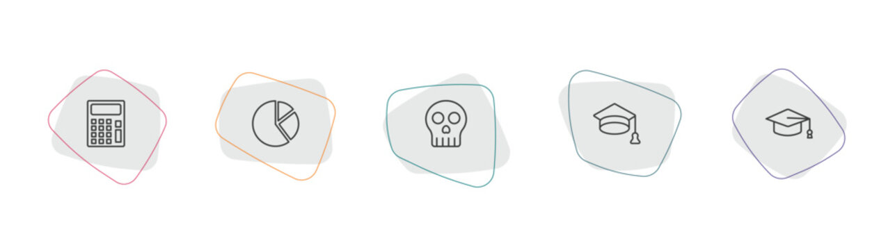 education outline icon set. linear vector for ui, web and mobile. thin line small calculator, pie chart, yorick icons.