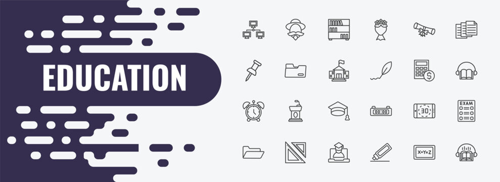 education outline icon set. linear vector for ui, web and mobile. thin line don quixote, book shelf, graduation diploma icons.