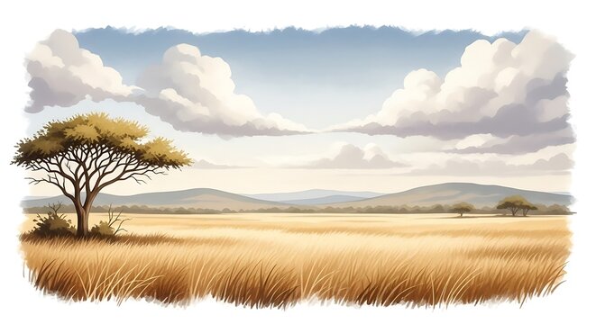 Dry savanna landscape with lone acacia tree under clear sky
