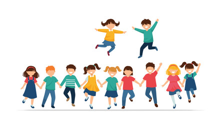 Fototapeta premium A group of happy and diverse children holding hands and jumping for joy, celebrating friendship and childhood together.