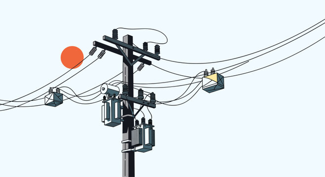 A minimalist illustration of an electrical utility pole with multiple transformers and tangled wires against a simple, clean sky. Urban infrastructure and energy supply.