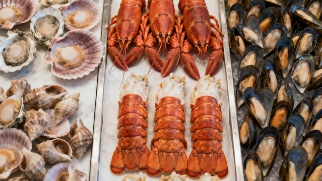 Fresh seafood display with lobster mussels and shellfish