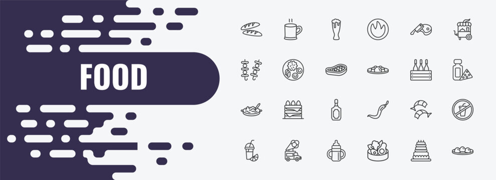 food outline icon set. linear vector for ui, web and mobile. thin line warm black mug, pint, butcher icons.