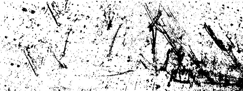 Grunge texture in vector with black splashes and deep scratches. Horizontal background in vintage style for overlaying a worn and aged effect. Suitable for graphic design and decor.