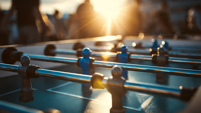 Close-up of foosball table with blue and silver players under warm sunset lighting, blurred background figures, concept for leisure, games and social