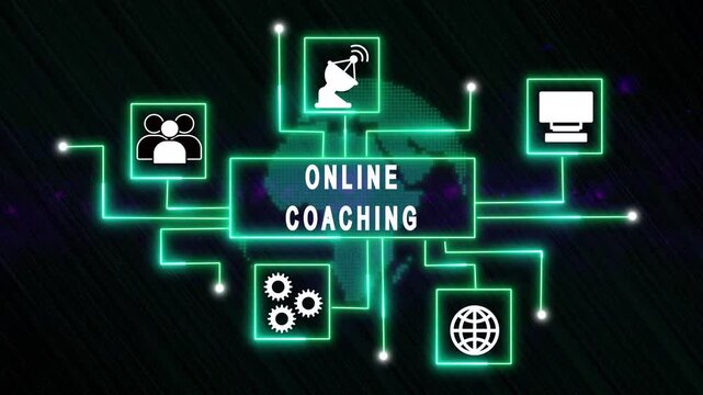 Online coaching network diagram. Online coaching network glows. This online coaching network diagram with satellite icons represents professional education and global learning.