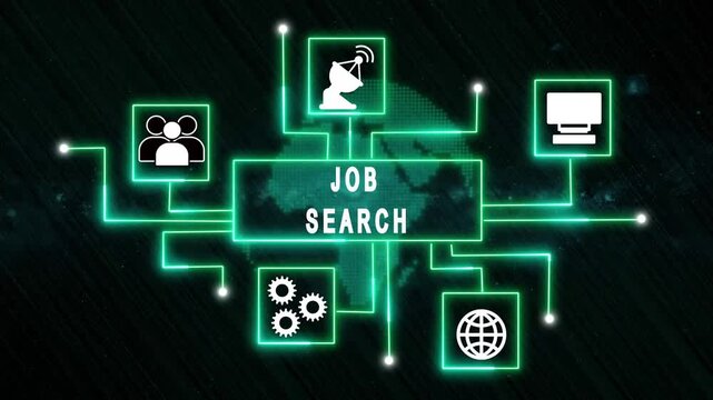 Job Search network diagram stays. Job Search network glows. This job search network diagram with satellite and computer icons represents professional global employment connectivity
