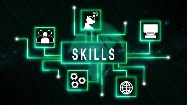 Skills network diagram with satellite. Skills network diagram glows. This skills network diagram with satellite and computer icons represents professional global competence use.