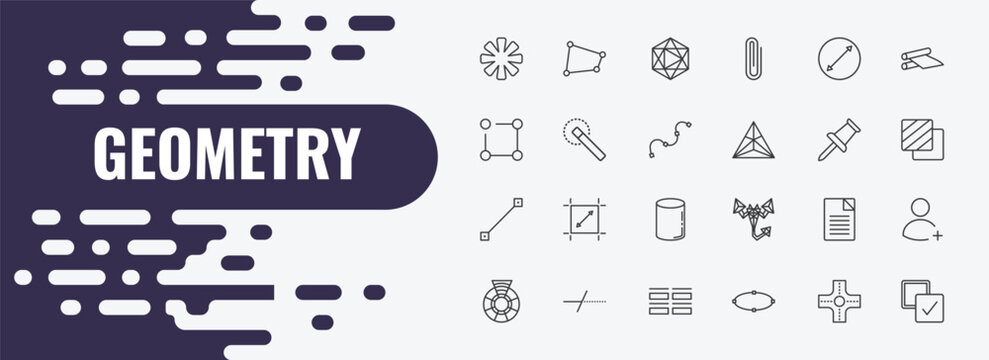 geometry outline icon set. linear vector for ui, web and mobile. thin line distort, icosahedron, diameter icons.