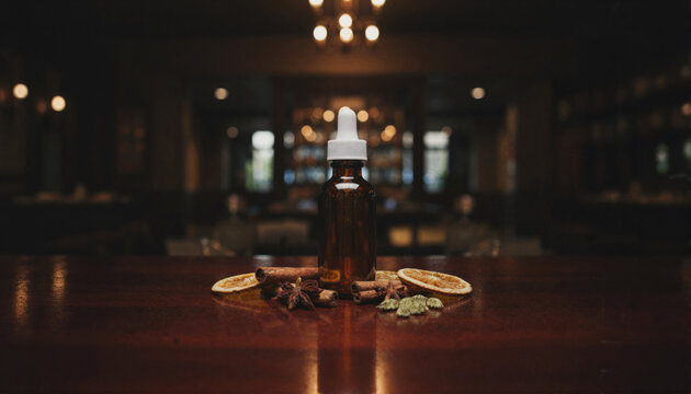 Amber glass bitters bottle on dark wood bar with spices