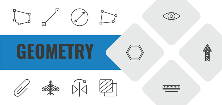 geometry outline icon set. linear vector for ui, web and mobile. thin line polygon, lengthen, diameter icons.