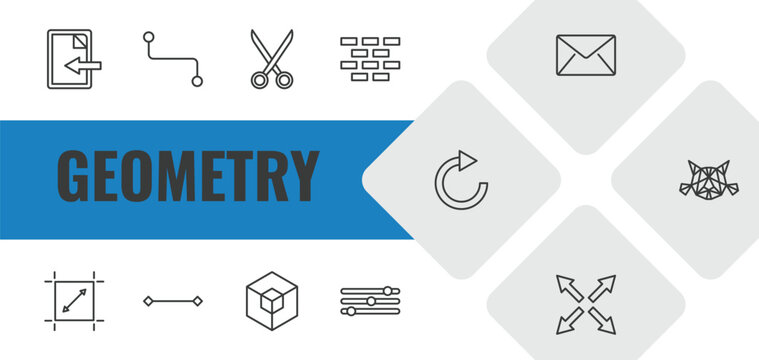 geometry outline icon set. linear vector for ui, web and mobile. thin line import, line segment, cut icons.