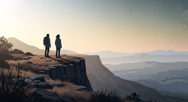 Two hikers standing on mountain cliff at sunset overlooking valley