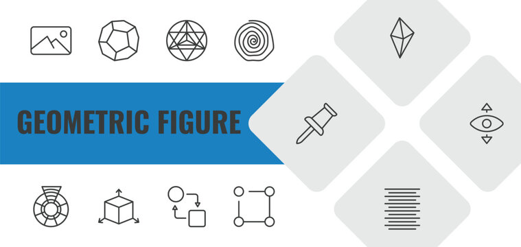 geometric figure outline icon set. linear vector for ui, web and mobile. thin line background, dodecahedron, metatron cube icons.