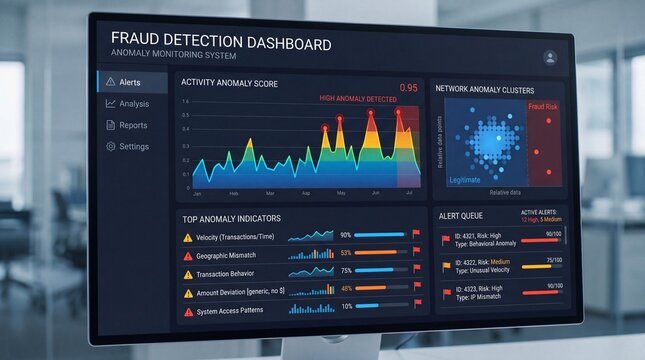 Fraud detection interface displaying colorful data visualizations on a computer screen in an office setting