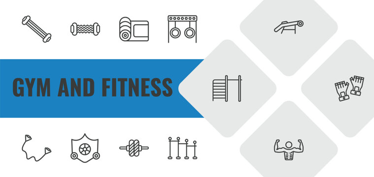 gym and fitness outline icon set. linear vector for ui, web and mobile. thin line arms extender, resistance, mat for fitness icons.