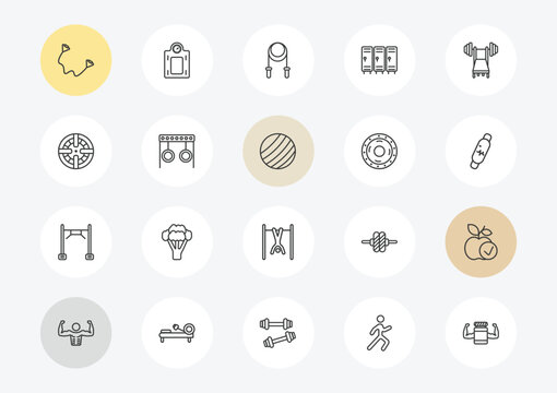 gym and fitness outline icon set. linear vector for ui, web and mobile. thin line exercise bands, iron shoot, training apparatus icons.