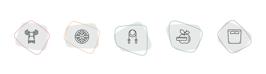 gymandfitness outline icon set. linear vector for ui, web and mobile. thin line barbell bench press, iron shoot, skipping rope icons. © Farahim