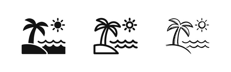 Tropical Island Vacation Icon Set with Palm Tree Sun and Sea © drawing lines