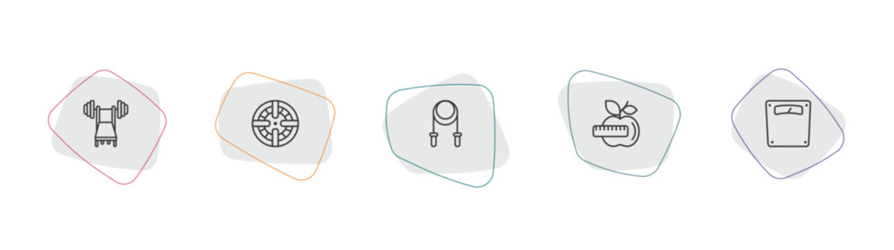 gymandfitness outline icon set. linear vector for ui, web and mobile. thin line barbell bench press, iron shoot, skipping rope icons.