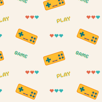Retro game controller seamless pattern. Pixel art gaming background with yellow gamepads, pixel hearts and play game typography