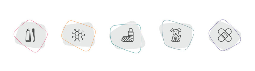 medical outline icon set. linear vector for ui, web and mobile. thin line brush with tooth paste, molecular configuration, plastered foot icons.