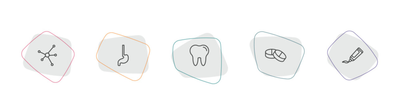 medical outline icon set. linear vector for ui, web and mobile. thin line molecular structure, esophagus, molar tooth icons.