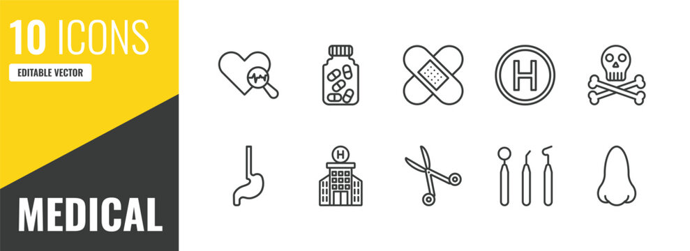 medical outline icon set. 10 linear vector for ui, web and mobile. thin line medical heart scan, medicine capsules, plastering icons.