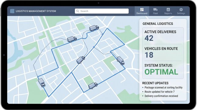 A digital delivery tracking interface displaying a map with multiple delivery vehicles and route optimization details