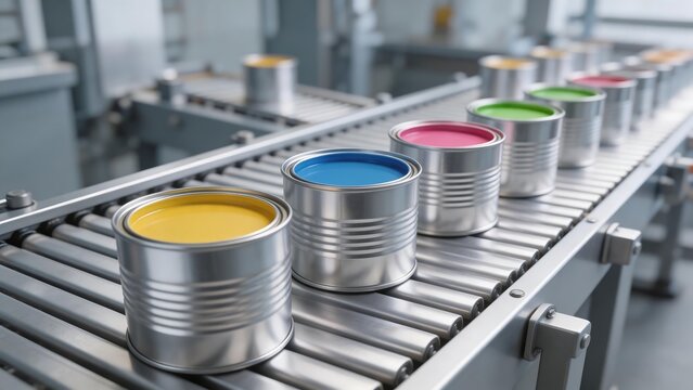 Paint cans on conveyor belt