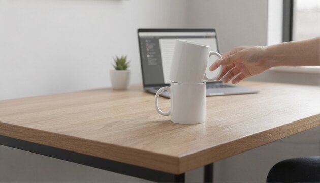 Glossy white coffee mugs on a contemporary office desk with a human touch