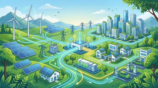 Illustration of a sustainable smart grid system featuring renewable energy sources like wind and solar power, integrated into a futuristic cityscape