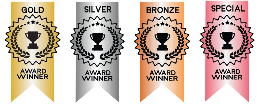 Award Winner Ribbon Set: Gold Silver Bronze and Special Achievement Medals with Trophy Icons | Premium Vector Badges for Competition Success, Excellence Recognition, and Ranking Celebration