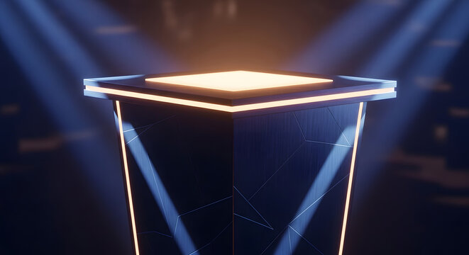 Modern glass podium with dramatic blue spotlight stage lighting for presentations
