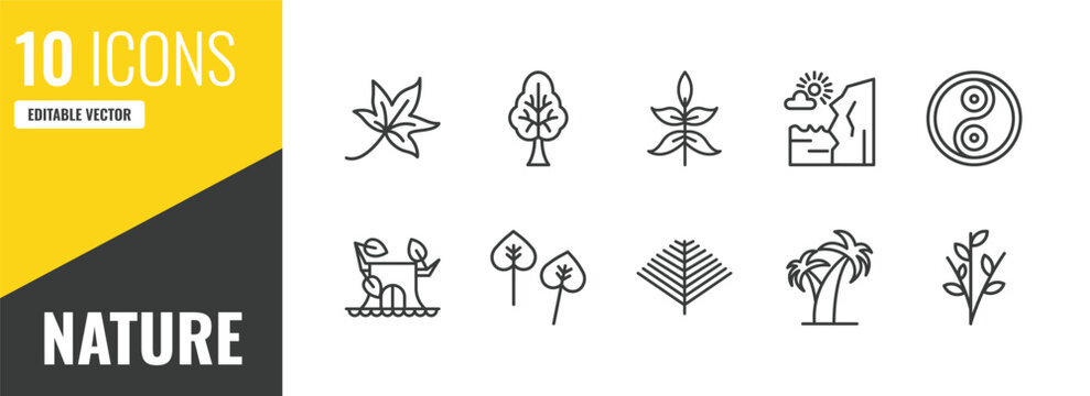 nature outline icon set. 10 linear vector for ui, web and mobile. thin line autumn leaves, tree with big foliage, sprig with five leaves icons.