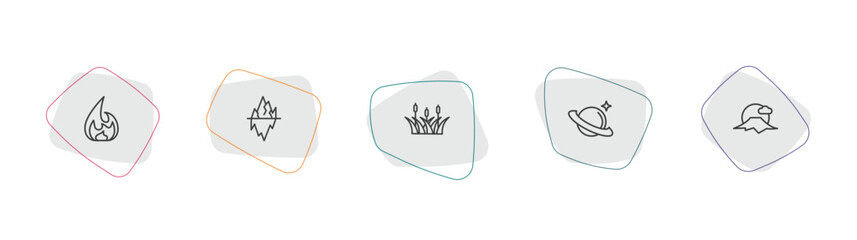 nature outline icon set. linear vector for ui, web and mobile. thin line flame, iceberg, reed icons. © Farahim