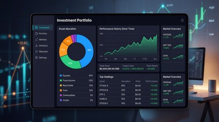 Fototapeta premium Investment platform user interface with colorful data visualizations showing growth trends and analytics in a dimly lit workspace