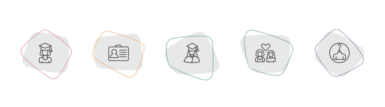 people outline icon set. linear vector for ui, web and mobile. thin line graduated student, identification ard, graduating woman icons.