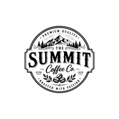 Obraz premium A vintage style black and white circular logo for the summit coffee co with mountains and coffee beans.