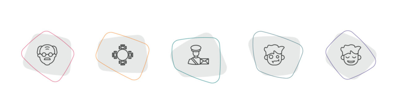 people outline icon set. linear vector for ui, web and mobile. thin line old man, round table, postman working icons.