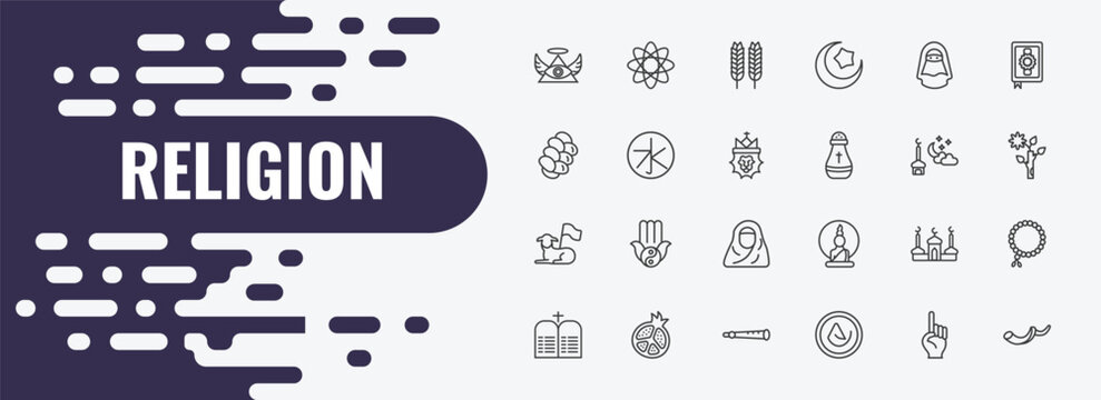 religion outline icon set. linear vector for ui, web and mobile. thin line agticism, israel barley, hijab veil icons.