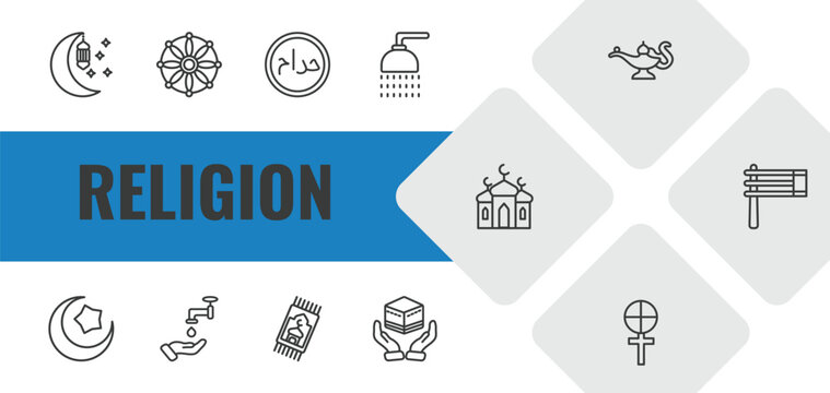 religion outline icon set. linear vector for ui, web and mobile. thin line ramadan month, dharma, haram icons.