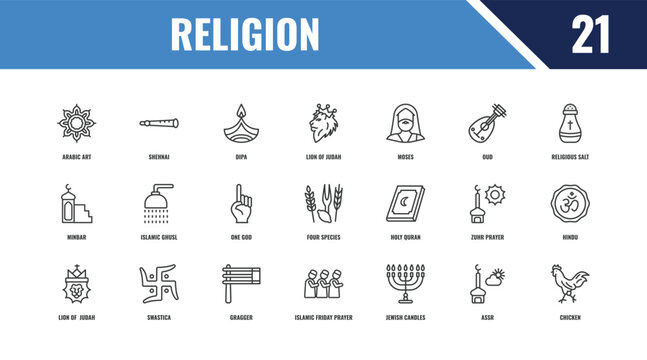 religion outline icon set. linear vector for ui, web and mobile. thin line shehnai, religious salt, holy quran icons.