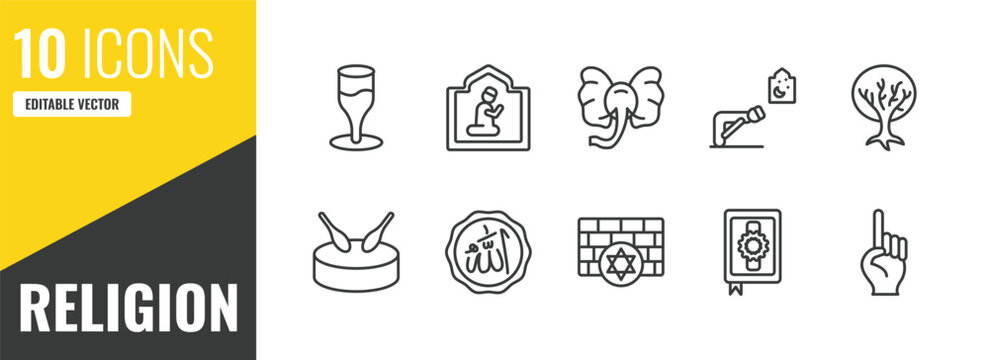 religion outline icon set. 10 linear vector for ui, web and mobile. thin line goblet, islamic pray, elephant icons.