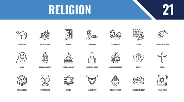 religion outline icon set. linear vector for ui, web and mobile. thin line olive branch, shower head and water, half pomegranate icons.