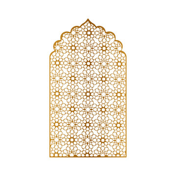 Golden islamic arch with intricate geometric pattern traditional arabic ornament for design elements.