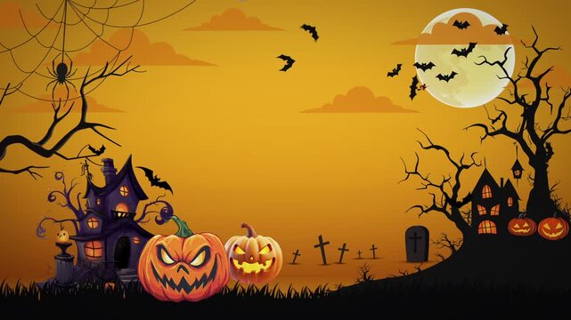 Halloween decorations with a spooky theme, including haunted houses, bats, pumpkins, and spiders, are perfect for any Halloween event. The blank background provides space for text.