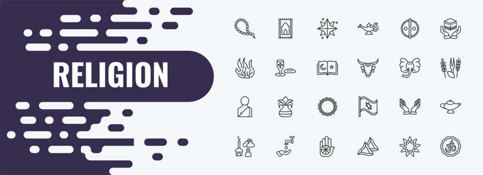 religion outline icon set. linear vector for ui, web and mobile. thin line praying mat, holy star, animism icons.
