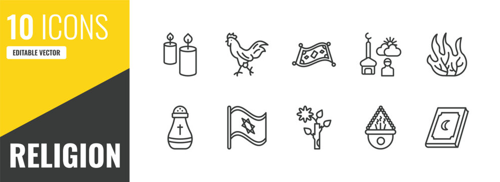 religion outline icon set. 10 linear vector for ui, web and mobile. thin line candles, chicken, magic carpet icons.