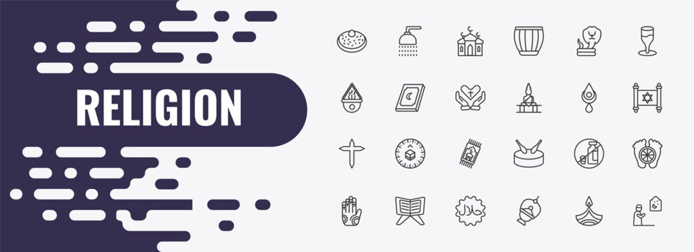 religion outline icon set. linear vector for ui, web and mobile. thin line islamic ghusl, islamic mosque, cobra icons.